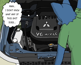 ambiguous_gender anthro biped black_text blue_body blue_fur car clothing confusion engine fur grass green_clothing green_shirt green_t-shirt green_topwear holding_object pipe plant profanity rear_view shirt solo t-shirt text thought_bubble topwear vehicle runchkin mitsubishi canid mammal 5:4 english_text hi_res