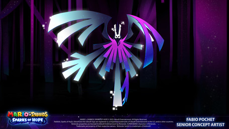 4_fingers ambiguous_gender blue_line_art copyright_symbol directional_arrow fingers flying front_view glowing_mask grey_body grey_wings legless light looking_at_viewer multicolored_body multicolored_wings not_furry number purple_curtains purple_poncho purple_wings simple_background solo spelling_error symbol text title white_mask wings year fabio_pochet valentina_moscon mario_bros mario_plus_rabbids_sparks_of_hope nintendo raving_rabbids rayman_(series) ubisoft cursa_(mario_plus_rabbids) celestial_being 16:9 2022 4k absurd_res artist_name colored colored_line_art concept_art crossover digital_drawing_(artwork) digital_media_(artwork) english_description english_text hi_res lighting official_art shaded widescreen female_(lore)