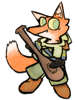 anthro clothed clothed_anthro clothed_male clothing fangs fluffy fluffy_tail fur gloves handwear looking_at_viewer lute male musical_instrument orange_body orange_fur plucked_string_instrument solo string_instrument tail teeth kobythekobold root_(game) benjamin_(kobythekobold) canid canine fox mammal true_fox