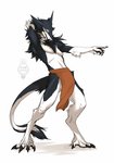 4_fingers 4_toes anthro black_body black_claws black_fur bottomwear brown_clothing claws clothing feet fingers fur gesture green_eyes hand_behind_head hand_gesture hi_res loincloth male male_anthro pointing ray_etherna sergal simple_background solo tail toes white_background white_body white_fur