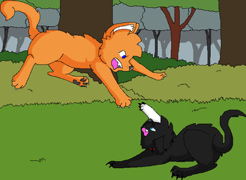 ambiguous_gender angry black_body black_claws black_fur blue_eyes claws detailed_background digitigrade duo ears_back feral fight forest fur grass grey_nose grey_pawpads head_tuft inner_ear_fluff jumping midair open_mouth orange_body orange_fur outside pawpads paws pink_tongue pivoted_ears plant shrub snout tail teeth tongue tree tuft white_body white_claws white_fur white_inner_ear_fluff sebdoggo warriors_(book_series) firestar_(warriors) scourge_(warriors) domestic_cat felid feline felis mammal 2008 aliasing cel_shading digital_drawing_(artwork) digital_media_(artwork) microsoft_paint_(artwork) shaded male_(lore)