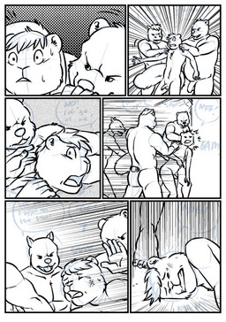 anthro battle border dialogue forced group male male/male muscular nude overweight overweight_male rape sex slightly_chubby text violence white_border artdecade bear mammal black_and_white english_text monochrome preview sketch