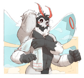 4_arms abs antennae_(anatomy) anthro barazoku beard black_body blush body_hair bottomwear clothing facial_hair green_body grey_body male multi_arm multi_limb muscular muscular_anthro muscular_male neck_tuft pubes red_body solo towel tuft turquoise_body wings 0rang3 cody_soh cody_soh_(artist) home_zomewhere_else mothoc arthropod insect lepidopteran moth hi_res