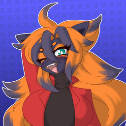 anthro big_breasts black_hair blue_eyes breasts clothing fangs female female_anthro front_view hair jacket long_hair looking_at_viewer multicolored_hair one_eye_closed open_mouth orange_hair solo sweater teeth topwear wink winking_at_viewer derthevaporeon nintendo pokemon yorkie_(yorkie98) generation_5_pokemon pokemon_(species) zoroark 1:1 hi_res