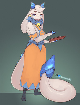 anthro bell blue_eyes book breasts clothed clothing crystal crystal_horn dress female fingerless_(marking) fully_clothed fur hair looking_at_viewer neck_tuft orange_clothing orange_dress pose pseudo_horn side_boob simple_background solo standing tail tuft white_body white_fur white_hair manustuff atlyss angela_flux kubold_(atlyss) oathkin_(atlyss) colored digital_drawing_(artwork) digital_media_(artwork) full-length_portrait portrait
