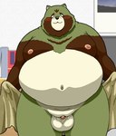 anthro balls belly big_belly blush brown_body genitals green_body kemono male micropenis moobs navel nipples overweight overweight_male penis small_penis solo towel butti_myroom canid canine mammal raccoon_dog tanuki 2025