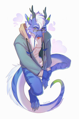 anthro biped claws clothed clothed_anthro clothed_male clothing erection eyewear feet fingers front_view fur genitals glasses hair horn male navel penis sitting smile solo tail teeth toes tongue lynncore mythology dragon mythological_creature mythological_scalie scalie 2026 digital_drawing_(artwork) digital_media_(artwork) hi_res