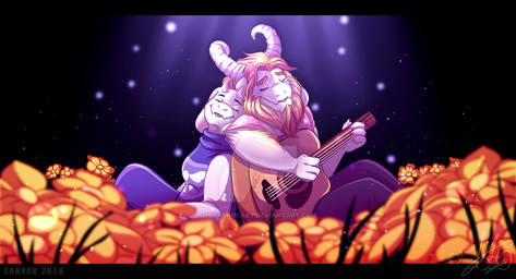 acoustic_guitar anthro back_to_back blonde_hair clothing duo facial_hair female flower fur guitar hair holding_musical_instrument holding_object horn light long_ears musical_instrument plant playing_guitar playing_music plucked_string_instrument robe romantic romantic_ambiance romantic_couple string_instrument sunlight white_body white_fur isharaheart xanxor undertale undertale_(series) asgore_dreemurr toriel boss_monster_(undertale) bovid caprine mammal 2016 artist_collaboration distracting_watermark watermark