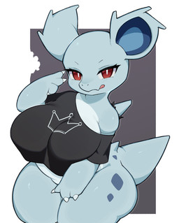 3_fingers anthro anthrofied back_spikes bald big_breasts biped black_clothing black_shirt black_topwear blue_body blue_ears blue_inner_ear blue_tail bottomless bottomless_anthro bottomless_female breasts claws clothed clothed_anthro clothed_female clothing eyebrows eyelashes featureless_crotch female female_anthro finger_claws fingers gesture hand_gesture mouth_closed multicolored_body non-mammal_breasts pink_tongue pokemorph pupils red_eyes shirt shirt_only short_snout shortstack shortstack_female simple_background slit_nostrils snout solo spikes spikes_(anatomy) tail thick_eyelashes thick_thighs three-quarter_view tongue tongue_out topwear topwear_only torn_clothing torn_shirt torn_topwear white_pupils white_sclera wide_hips liteee nintendo pokemon generation_1_pokemon nidorina pokemon_(species) 2026 cel_shading digital_media_(artwork) portrait shaded three-quarter_portrait
