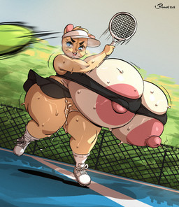 anthro areola big_breasts biped bodily_fluids bottomwear breasts clothed clothing detailed_background eyelashes female fur genital_fluids genitals huge_breasts hyper hyper_breasts nipples no_underwear outside pupils skirt solo text thick_thighs vaginal_fluids vulva joaoppereiraus cricetid hamster mammal rodent hi_res