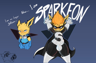 anthro bulge clothing front_view fur latex latex_clothing latex_thong latex_underwear male paws solo superhero supervillain text thick_thighs thong underwear wide_hips yellow_body firebirddraws disney nintendo pixar pokemon the_incredibles canid canine eeveelution generation_1_pokemon jolteon mammal pokemon_(species) absurd_res hi_res