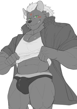abs anthro briefs bulge clothed clothing clothing_lift jacket male muscular muscular_anthro muscular_male shirt shirt_lift solo topwear underwear eggplant_nacl lifewonders tokyo_afterschool_summoners nyarlathotep_(tas) hyena mammal hi_res