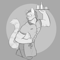 alcohol anthro apron beanie beer_bottle beverage bottle clothed clothing container glass hat headgear headwear holding_object holding_tray looking_at_viewer male muscular muscular_anthro muscular_male serving serving_alcohol serving_beverage solo uniform waiter talidrawing domestic_cat felid feline felis mammal 1:1 hi_res monochrome