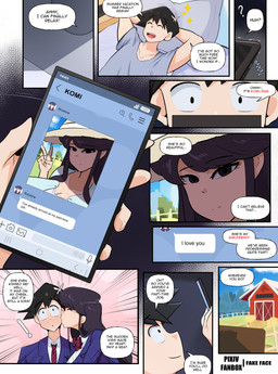 black_eyebrows black_eyes black_hair breasts cellphone cleavage clothed clothing duo electronics eyebrows eyelashes female hair human_only kissing kissing_cheek light_body light_skin long_hair not_furry phone speech_bubble text fake_face_(artist) komi-san_wa_komyushou_desu komi_shouko tadano_hitohito human mammal absurd_res comic english_text hi_res