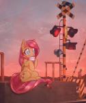 bell beverage blush boom_gate caution_stripes cloud coffee coffee_cup container crossbuck crossing_sign cup cutie_mark detailed_background feathered_wings feathers female feral fur gate hair heart_on_sign heart_symbol holding_object ladder light long_hair outside pink_hair platform pole railway_crossing railway_crossing_sign railway_track sign signal_light signpost sitting solo speaker station stripes sunset tan_body tan_fur teal_eyes text train_station wings mirroredsea friendship_is_magic hasbro my_little_pony mythology fluttershy_(mlp) equid equine mammal mythological_creature mythological_equine pegasus 2017 absurd_res hi_res japanese_text