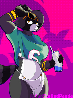 anthro big_breasts black_body black_fur breasts clothing eyewear female fur orange_eyes shirt solo sunglasses thick_thighs topwear aidantheredpanda gta_vi_cover_girl luna_the_raccoon mammal procyonid raccoon 3:4 hi_res