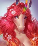 anthro breasts eyebrows eyelashes female flower fur hair horn looking_at_viewer pink_body pink_fur plant rainbow_colors red_hair solo avocado_seed mythology saphirae_(character) equid equine mammal mythological_creature mythological_equine unicorn bust_portrait headshot_portrait portrait