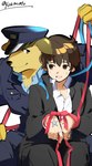 anthro bound bow_ribbon clothing duo fur male male/male police police_hat police_officer police_uniform ribbons uniform yellow_body yellow_fur youmoxto lifewonders tokyo_afterschool_summoners nobumichi_(tas) protagonist_(tas) twink_protagonist_(tas) canid canine canis domestic_dog human mammal