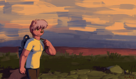 anthro backpack clothing cobblestone grass male muscular muscular_male outside plant sea shirt solo sunrise t-shirt topwear walking water white_clothing white_topwear sunhuiz bernard_(sunhuiz) canid canine mammal hi_res
