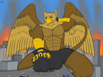 5_fingers abs anthro balls balls_outline beak biceps biped boxer_briefs brown_body brown_fur building building_destruction bulge city city_background city_crushing city_destruction cityscape claws clothed clothing crush destruction detailed_bulge erection erection_under_briefs erection_under_clothing feathered_wings feathers finger_claws fingerless_gloves fingers fire fur genital_outline genitals gloves handwear landscape_dwarfing macro macro_anthro macro_male male muscular muscular_anthro muscular_male nude outside paws pecs penile penis penis_outline road sitting sky solo tail underwear vehicle vehicle_destruction wings aeronus mythology carpo avian gryphon mythological_avian mythological_creature