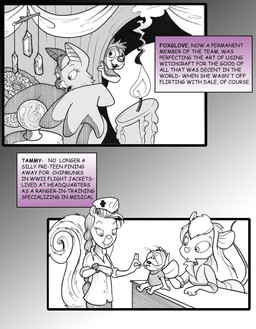 4_fingers anthro breasts candle clothing crystal_ball cute_fangs desk fangs female fingers fluffy fluffy_tail furniture group hair jumpsuit long_hair magic_user male nurse scientific_instrument table tail teeth text thermometer chris_fischer chip_'n_dale_rescue_rangers disney dale_(disney) foxglove_(cdrr) gadget_hackwrench tammy_squirrel zipper_(cdrr) arthropod bat chipmunk fly_(animal) ground_squirrel insect mammal mouse murid murine rodent sciurid tree_squirrel comic english_text hi_res