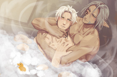 bathing bathtub beard blush duo facial_hair facial_markings foam grey_hair hair head_markings hug hugging_another hugging_from_behind human_on_humanoid humanoid_pointy_ears inside interspecies male male/male markings narrowed_eyes not_furry nude pointy_ears steam tan_body tan_skin wet wet_body wet_skin white_hair yellow_eyes cobu final_fantasy final_fantasy_xiv final_fantasy_xiv_(legacy) square_enix thancred_waters urianger_augurelt human humanoid mammal