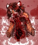 anthro autocannibalism blood bodily_fluids death divide_by_zero female female_pred gore gore_focus grotesque_death hard_vore insane orange_eyes solo stripes tattoo teeth vore what farorenightclaw farorenightclaw_(character) felid mammal pantherine tiger digital_media_(artwork)