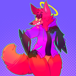 anthro bottomless clothed clothing fur halo jacket male red_body red_fur simple_background smile solo teeth thick_thighs tongue topwear wide_hipped_male wide_hips yellow_sclera youtuber azureshark pyrocynical canid canine fox mammal digital_media_(artwork) hi_res