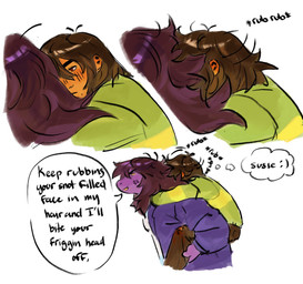 anthro brown_hair clothing duo female green_clothing green_shirt green_topwear hair male purple_body purple_skin shirt simple_background speech_bubble text topwear white_background colicolicolicoli deltarune undertale_(series) kris_dreemurr susie_(deltarune) human mammal scalie 2025 english_text hi_res nonbinary_(lore)