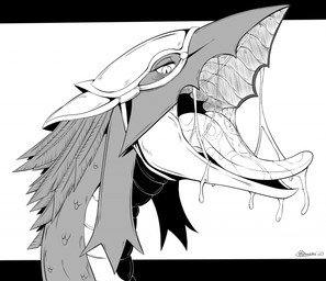 armor beak bodily_fluids drooling feathers female feral half-closed_eyes headgear helmet looking_at_viewer mouth_shot narrowed_eyes open_mouth saliva saliva_on_tongue saliva_string scales solo tongue tongue_out marcushunter mythology re:zero patrasche_(re:zero) diana_(re:zero) dragon earth_dragon_(re:zero) mythological_creature mythological_scalie scalie 2020 headshot_portrait monochrome portrait signature