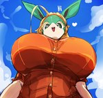 absurd_res anthro big_breasts blonde_hair blue_eyes breasts canid canine clothed clothing female fox fur hair heart_symbol hi_res huge_breasts ippan_josei low-angle_view mammal menyang my_hero_academia quirked_human_(my_hero_academia) simple_background smile solo text