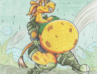 anthro belly big_belly big_breasts boots bottomwear breasts brown_eyes brown_hair clothing cybernetic_arm cybernetic_limb duo female footwear fur galaxy hair hand_on_belly huge_belly huge_breasts jacket kneeling markings navel outie_navel planet pregnant pregnant_anthro pregnant_female shoes shorts sky solo space spots spotted_body spotted_fur star starry_sky teeth thick_thighs topwear yellow_body yellow_fur virus-20 luray_giraffe giraffe giraffid mammal 2017 traditional_media_(artwork)