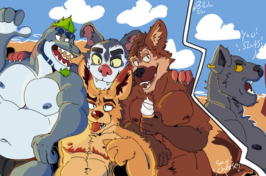 beach clothing fur group male orange_body orange_fur underwear beholdbill burrows_(captain_nikko) grey_(captain_nikko) hiro_(captain_nikko) ken_(captain_nikko) mark_(captain_nikko) aquatic canid canine canis fennec_fox fish fox mammal marsupial shark true_fox wolf comic hi_res
