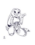 anthro female floppy_ears gesture inline_skates kneeling lop_ears machine roller_skates smile solo waving bl394 disney zootopia judy_hopps robo_judy animatronic lagomorph leporid mammal rabbit robot robot_anthro 2023 absurd_res hi_res line_art monochrome