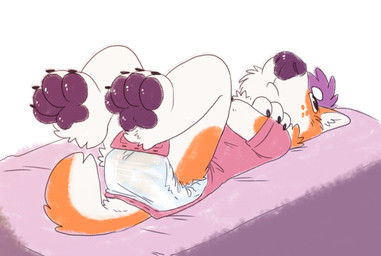 ageplay anthro clothed clothing crossed_arms diaper exposed_diaper grumpy lying male onesie open_onesie pawpads paws pouting roleplay shota simple_background solo young young_anthro young_male pupspace canid canine canis domestic_dog mammal