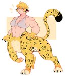 3_toes 5_fingers biceps blonde_hair breasts claws cleavage clothed clothing eyelashes facial_markings feet female fingers fur hair head_markings markings muscular navel pupils red_markings short_hair simple_background slit_pupils solo spots spotted_body spotted_fur standing tail thick_thighs toe_claws toes yellow_body yellow_eyes yellow_fur hanaarts felid humanoid_taur jaguar mammal mammal_taur pantherine taur digital_media_(artwork) hi_res