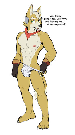 anthro biped bulge clothed clothing clothing_pull detailed_bulge fingerless_gloves fur gloves green_eyes handwear jockstrap jockstrap_only kerchief male male_anthro muscular muscular_male neckerchief neckwear nipples simple_background solo standing tail text topless underwear underwear_only underwear_pull white_background yellow_body yellow_fur jrjresq nintendo star_fox fox_mccloud canid canine fox mammal absurd_res english_text hi_res