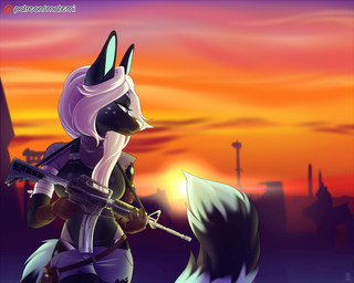 anthro ar-15 assault_rifle city clothed clothing detailed_background female fur gun hair looking_back m4 outside patreon_logo ranged_weapon rifle ruins skyline solo standing sun sunset text weapon website_logo white_hair wide_hips matemi patreon legalkiller1127 canid canine mammal 2017 5:4 hi_res portrait signature three-quarter_portrait url