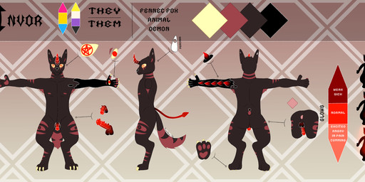 anthro anus backsack balls black_balls brown_body brown_fur circumcised claws digitigrade ear_piercing erection flaccid fur gauged_ear genitals geometric_background glans glowing glowing_genitalia glowing_horn glowing_penis glowing_tail gradient_background gradient_balls gradient_horn gradient_penis gradient_tail hand_eye horn lgbt_pride male markings medium_penis multi_tail nipples nonbinary_pride_colors occult_symbol pansexual_pride_colors pawpads paws penis pentacle pentagram piercing pink_anus pink_markings pink_nipples pink_pawpads pride_colors pronouns red_horn red_penis simple_background solo spade_tail spiked_penis spikes spikes_(anatomy) symbol tail text unusual_anatomy yellow_claws yellow_sclera awsmgmer invor_(awsmgmer) canid canine demon fennec_fox fox hybrid mammal true_fox absurd_res digital_drawing_(artwork) digital_media_(artwork) english_text hi_res model_sheet signature nonbinary_(lore)