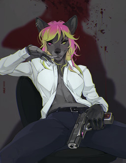 5_fingers anthro bedroom_eyes belt belt_buckle biped black_belt black_bottomwear black_clothing black_eyebrows black_nose black_pants bottomwear breasts buckle chair claws closed_smile clothed clothed_anthro clothed_female clothing collared_shirt colored_claws cybernetic_hand cybernetics dress_shirt ear_piercing ear_ring eyebrows eyelashes female female_anthro finger_claws fingers front_view furniture green_eyes green_hair grey_body gun hair handgun heterochromia holding_gun holding_handgun holding_object holding_pistol holding_ranged_weapon holding_weapon humanoid_hands iris jewelry leaning leaning_backward long_hair looking_at_viewer machine medium_breasts mouth_closed multicolored_hair narrowed_eyes navel necklace no_bra on_chair open_clothing open_shirt open_topwear pants pendant piercing pink_claws pink_eyes pink_hair pistol pose ranged_weapon ring_piercing seductive shirt sitting sitting_on_chair smile smiling_at_viewer solo spread_legs spreading topwear trigger_discipline two_tone_hair weapon white_clothing white_sclera white_shirt white_topwear hale. canid canine canis mammal wolf 2025 digital_drawing_(artwork) digital_media_(artwork) hi_res pinup portrait three-quarter_portrait