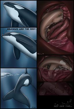 ambiguous_gender ambiguous_pred ambiguous_prey blue_eyes bodily_fluids bubble dialogue digestion duo feral feral_pred feral_prey flukes fully_inside gills imminent_death inside_stomach internal larger_ambiguous larger_pred oral_vore size_difference smaller_ambiguous soft_vore stomach_acid talking_feral text underwater vore water year yellow_eyes dolorcin aquatic cetacean dolphin fish mammal oceanic_dolphin orca shark toothed_whale 2021 absurd_res comic dated end_page english_text hi_res signature story story_in_description male_(lore)