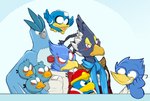 annoyed anthro beak blue_body blue_feathers eyewear feathers feral frown glasses group male nerd smile smug toony yellow_beak conditional_dnp jonas angry_birds breath_of_the_wild capcom deltarune kirby_(series) mega_man_(series) nintendo pokemon rovio_entertainment sega star_fox the_legend_of_zelda undertale_(series) beat_(megaman) berdly falco_lombardi king_dedede revali the_blues_(angry_birds) articuno avian bird generation_1_pokemon legendary_pokemon pokemon_(species) rito crossover