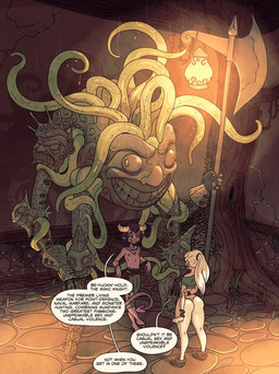 2_horns armor black_hair bottomwear clothed clothing dialogue female green_tentacles grin group hair horn jewelry lamp lantern male necklace pants pink_body pink_skin profanity size_difference smile spade_tail speech_bubble tail tentacles text thong topless topless_humanoid topless_male trio underwear war_axe white_hair rapscallion human humanoid mammal otherling tentacle_creature 2025 english_text hi_res