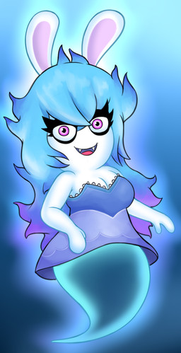 anthro arms_bent blue_background blue_hair breasts cleavage clothed clothing eyelashes fangs female female_anthro fur hair legless light long_ears long_hair medium_breasts mitten_hands multicolored_hair noseless open_mouth open_smile purple_eyes purple_hair purple_inner_ear red_tongue simple_background smile smiling_at_viewer solo teeth thick_eyelashes tongue white_body white_fur superwiibros08 mario_plus_rabbids_sparks_of_hope nintendo raving_rabbids rayman_(series) ubisoft midnite_(mario_plus_rabbids) ghost hybrid lagomorph mammal rabbid spirit 2022 colored crossover digital_drawing_(artwork) digital_media_(artwork) english_description full-length_portrait hi_res lighting portrait shaded