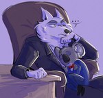 anthro bottomwear bow_tie brows chair clothing duo emoji eyebrows furniture male male/male pants sitting sleeping sleeping_on_partner suit thinking thoughtful_expression pur-fox illumination_entertainment sing_(movie) buster_moon jimmy_crystal arctic_wolf canid canine canis koala mammal marsupial vombatiform wolf absurd_res hi_res