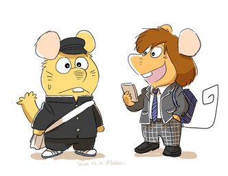 anthro bottomwear cellphone chibi clothing duo electronics hat headgear headwear necktie pants phone shirt simple_background smartphone topwear white_background basao gamba_no_bouken gamba_no_bouken_(series) ganba ikasama mammal mouse murid murine rodent 2020