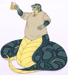 alcohol anthro beer beverage clothing green_body grey_clothing grey_shirt grey_topwear holding_beer male nails open_mouth overweight overweight_male shirt simple_background smile solo spots tail teeth topwear yellow_body yellow_eyes aucherr reptile scalie snake 2023 absurd_res hi_res