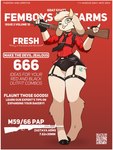 3:4 anthro barefoot bayonet blush blush_lines bottomwear bovid bulge caprine clothed clothing collar collar_tag cover english_text feet femboy fictional_magazine_cover fingerless_gloves floppy_ears fur gloves goat gun handwear heart_collar_tag hi_res holding_object holding_ranged_weapon holding_weapon hooves horizontal_pupils horn hotpants kate_(commando3) knife leather leather_strap leg_markings lop_ears m59/66 magazine_cover male mammal marcus_gray markings necktie pupils qr_code ranged_weapon shorts simple_background sks solo straps tail text thick_thighs thigh_markings tie_clip tongue tongue_out weapon white_body white_fur zastava_arms