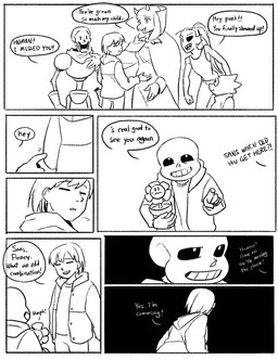 ambiguous_gender anthro bodily_fluids bone clothed clothing crying dialogue duo ear_fins eyewear female fin flower glasses group horn hug male narrowed_eyes open_mouth plant plant_pot reunion skeleton solo speech_bubble tears tears_of_joy text newnap undertale undertale_(series) alphys flowey_the_flower frisk_(undertale) papyrus_(undertale) sans_(undertale) toriel undyne animated_skeleton aquatic boss_monster_(undertale) bovid caprine elemental_creature fish flora_fauna flower_creature goat human humanoid mammal monster scalie undead comic english_text hi_res monochrome