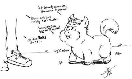 1_horn ambiguous_gender ambiguous_human angry baby_talk barely_visible_genitalia bottomwear clothed clothed_human clothing dialogue duo feral footwear frown fur genitals grass hair hooves horn insult looking_up_at_another male male_feral mostly_offscreen_character outside pants plant profanity puffed_cheeks quadruped shoes side_view small_horn solo_focus standing tail text wetfluff fluffy_pony mythology equid equine fluffy_pony_(species) human mammal mythological_creature mythological_equine unicorn black_and_white english_description english_text hi_res monochrome signature